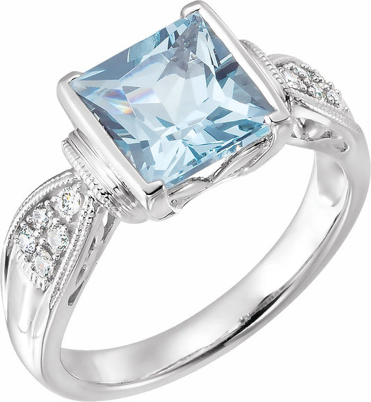 14K White Aquamarine & 1/8 CTW Diamond Ring