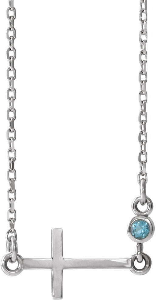 14K White Aquamarine Sideways Cross 16-18 Necklace
