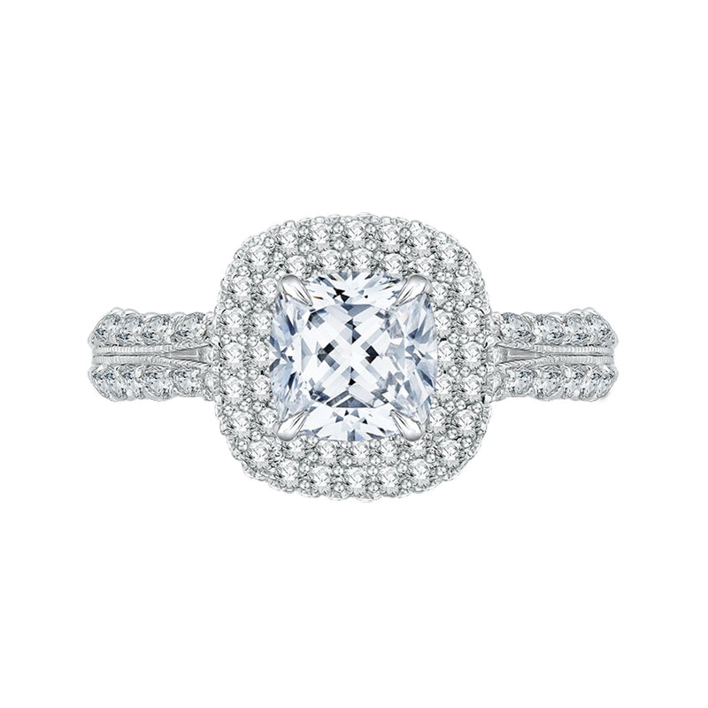 Shah Luxury 14K White Gold Split Shank Cushion Diamond Double Halo Engagement Ring (Semi-Mount)