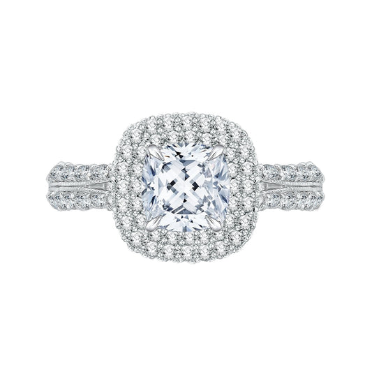 Shah Luxury 14K White Gold Split Shank Cushion Diamond Double Halo Engagement Ring (Semi-Mount)