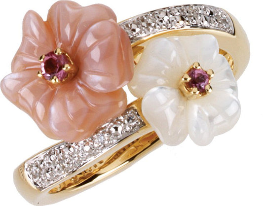 14K Yellow Pink Tourmaline, Mother Of Pearl & .04 CTW Diamond Ring