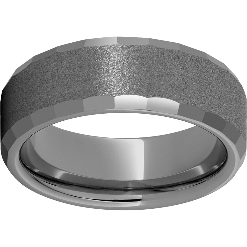 Rugged Tungsten  8mm Faceted Beveled Edge Band with Stone Finish