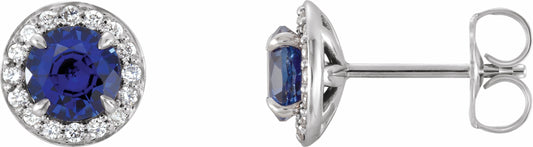 14K White 4.5 mm Round Blue Sapphire & 1/6 CTW Diamond Earrings