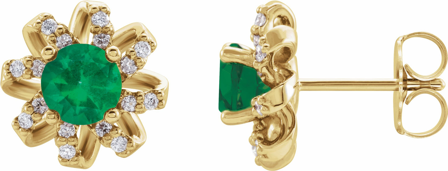 14K Yellow Emerald & 1/6 CTW Diamond Halo-Style Earrings