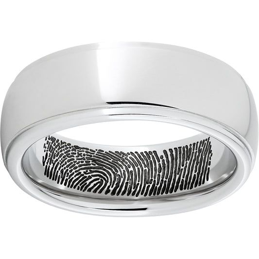 Serinium Domed Band with Grooved Edges and Interior Fingerprint Laser Engraving