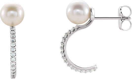 14K White Freshwater Cultured Pearl & 1/6 CTW Diamond Hoop Earrings