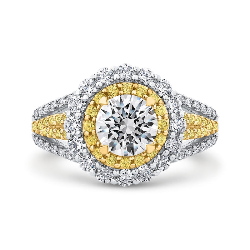 Shah Luxury 14K Two Tone Gold Round Diamond Double Halo Engagement Ring with Split Shank (Semi-Mount)