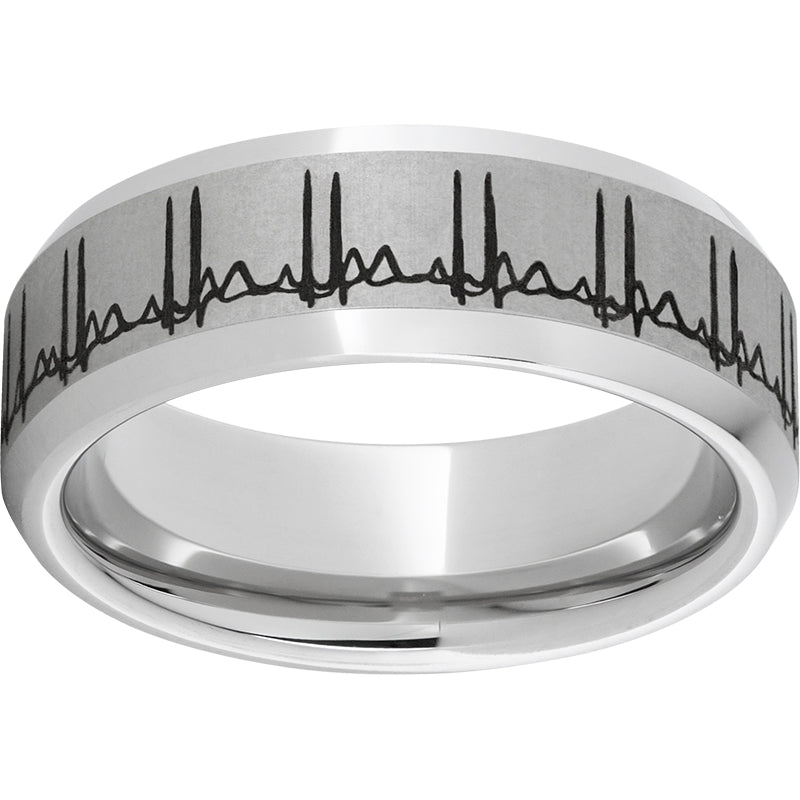 Serinium Beveled Edge Band with Double Heartbeat Laser Engraving