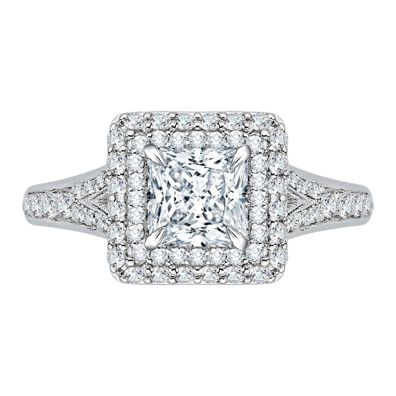 Shah Luxury 14K White Gold Princess Diamond Double Halo Engagement Ring with Split Shank (Semi-Mount)