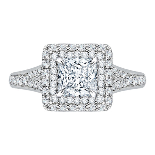 Shah Luxury 14K White Gold Princess Diamond Double Halo Engagement Ring with Split Shank (Semi-Mount)