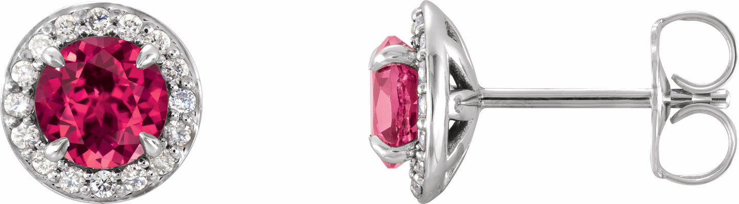 14K White 4.5 mm Round Lab-Grown Ruby & 1/6 CTW Diamond Earrings