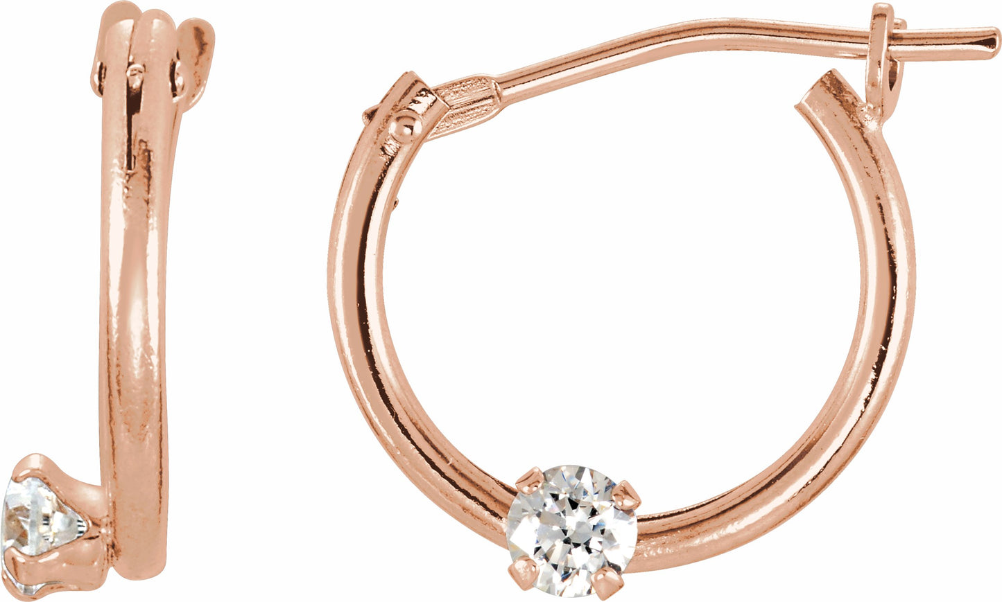 14K Rose 2.5 mm Round Cubic Zirconia Youth Hinged Hoop Earrings