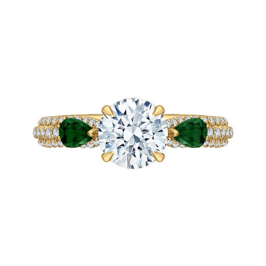 Shah Luxury 14K Yellow Gold Round Diamond and Green Tsavorite Engagement Ring (Semi-Mount)