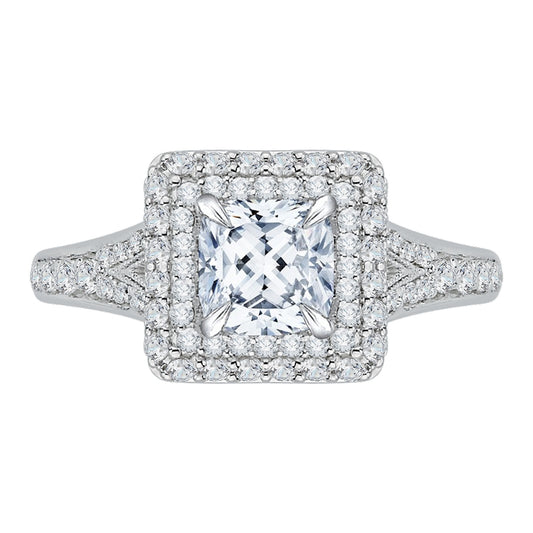 Shah Luxury 14K White Gold Cushion Diamond Double Halo Engagement Ring with Split Shank (Semi-Mount)