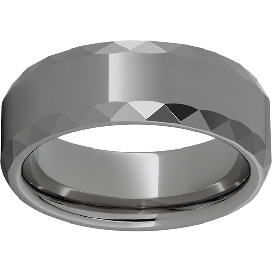 Rugged Tungsten  8mm Faceted Beveled Edge Polished Band