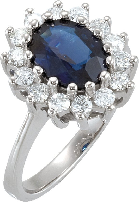 14K White 9 x 7 mm Oval Blue Sapphire & 1/2 CTW Diamond Halo-Style Ring