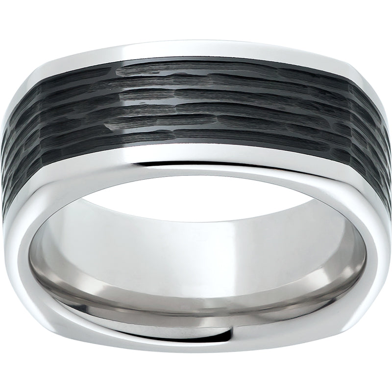 Serinium Square Band with Black CeramicInlay and Bark Hand Finish