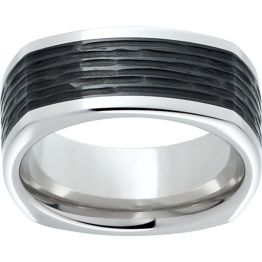 Serinium Square Band with Black CeramicInlay and Bark Hand Finish
