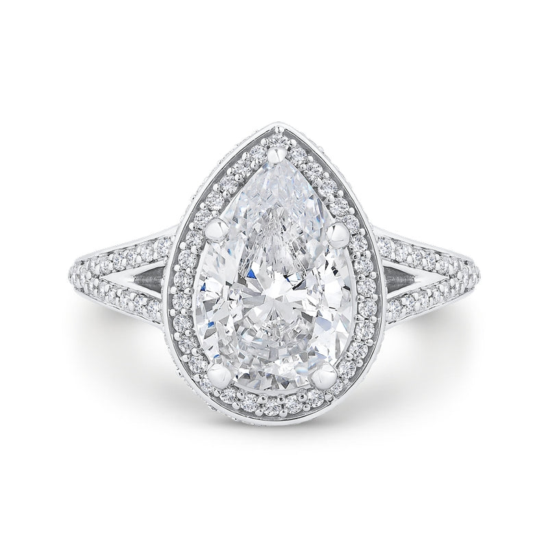 Shah Luxury 14K White Gold Pear Diamond Halo Engagement Ring with Split Shank (With Center)