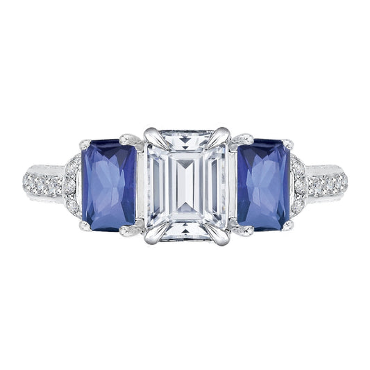 Shah Luxury 14K White Gold Emerald Diamond With Sapphire Three-Stone Engagement Ring (Semi-Mount)