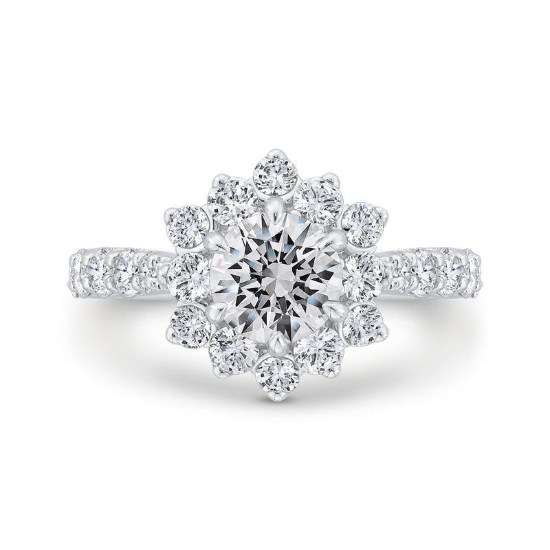 Shah Luxury 14K White Gold Round Diamond Floral Engagement Ring with Round Shank (Semi-Mount)