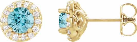 14K Yellow 4 mm Round Blue Zircon & 1/8 Diamond Earrings