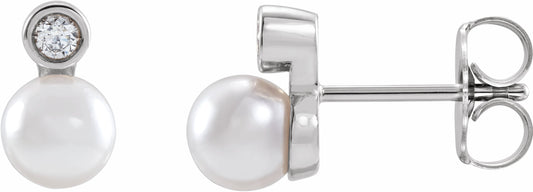 14K White Akoya Cultured Pearl & 1/8 CTW Diamond Bezel-Set Earrings