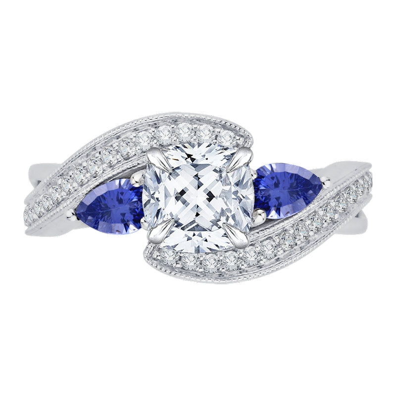 Shah Luxury 14K White Gold Cushion Diamond and Sapphire Engagement Ring (Semi-Mount)