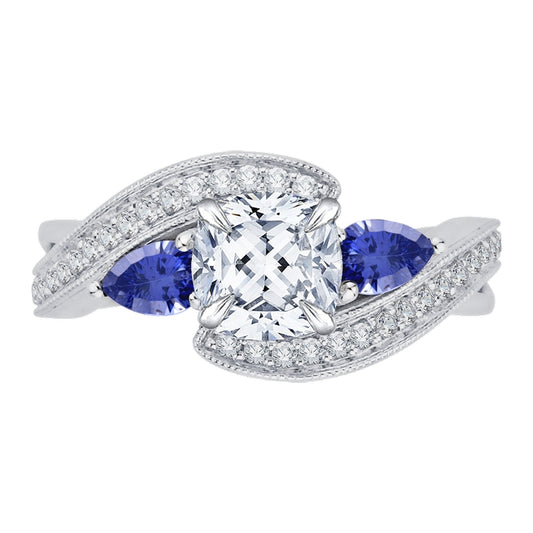 Shah Luxury 14K White Gold Cushion Diamond and Sapphire Engagement Ring (Semi-Mount)