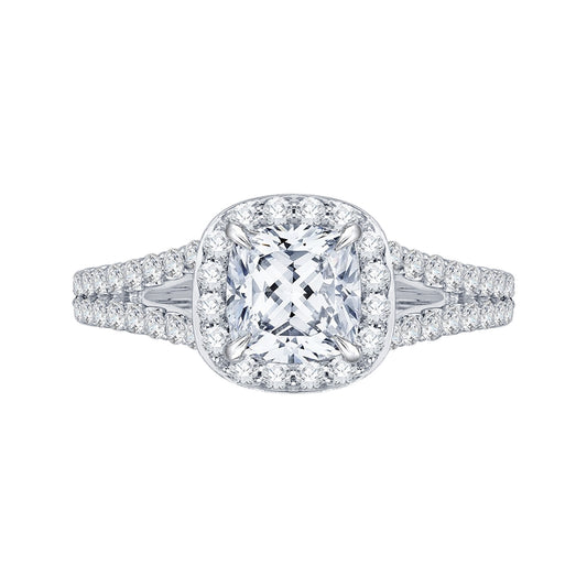Shah Luxury 14K White Gold Cushion Cut Diamond Halo Engagement Ring with Split Shank (Semi-Mount)