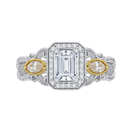Shah Luxury 14K Two-Tone Gold Emerald Cut Diamond Halo Engagement Ring (Semi-Mount)