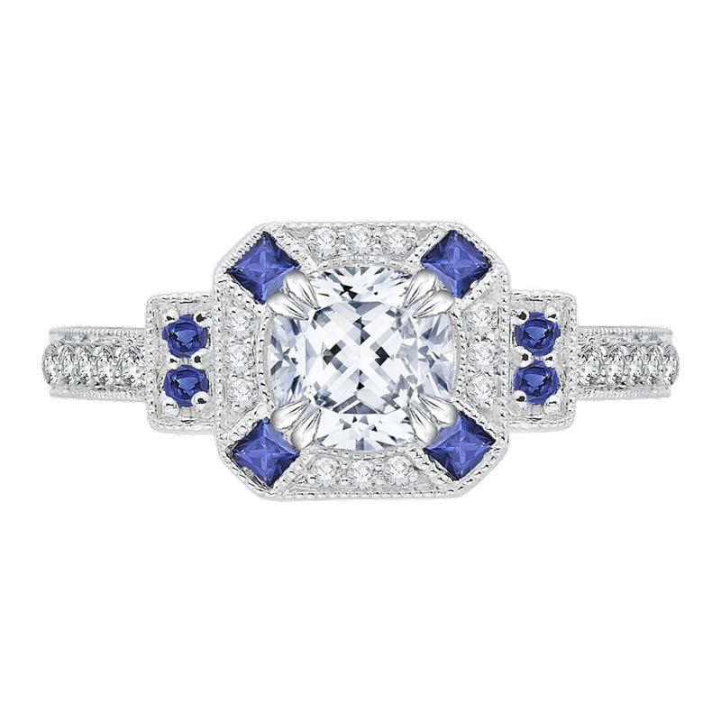 Shah Luxury 14K White Gold Cushion Diamond Halo Engagement Ring with Sapphire (Semi-Mount)
