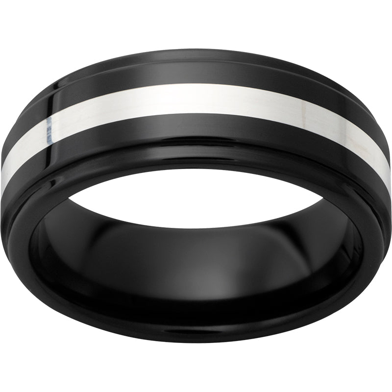 Black Diamond Ceramic Grooved Edge Band with Sterling Silver Inlay