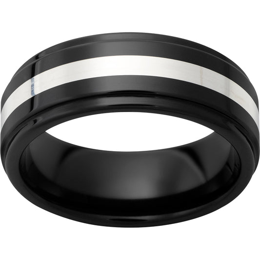 Black Diamond Ceramic Grooved Edge Band with Sterling Silver Inlay