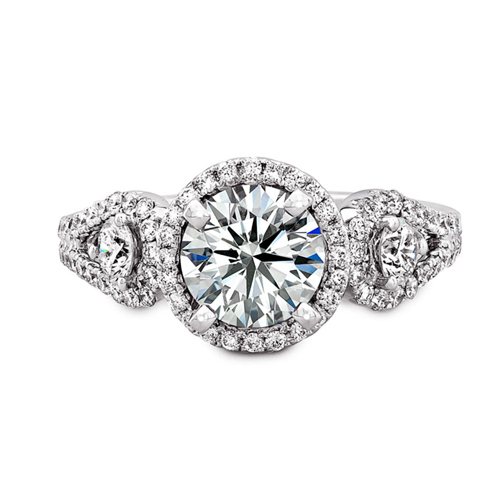 18k White Gold Halo Diamond Engagement Ring with Side Stones