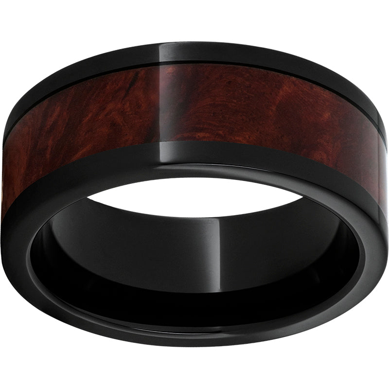 Black Diamond Ceramic Pipe Cut Band with Burl Wood Inlay