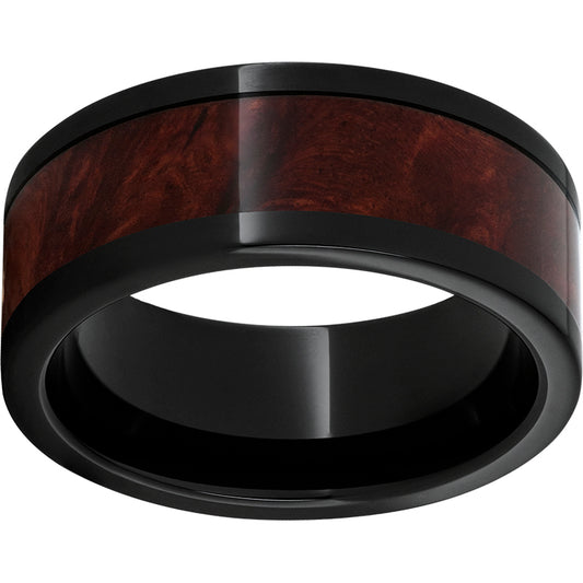 Black Diamond Ceramic Pipe Cut Band with Burl Wood Inlay