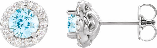 14K White 5 mm Round Aquamarine & 1/4 Diamond Earrings