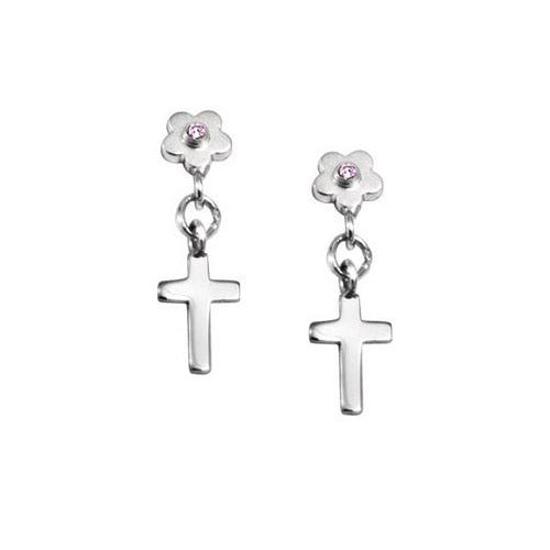 Sterling Silver Sapphire Flower with Cross earrings