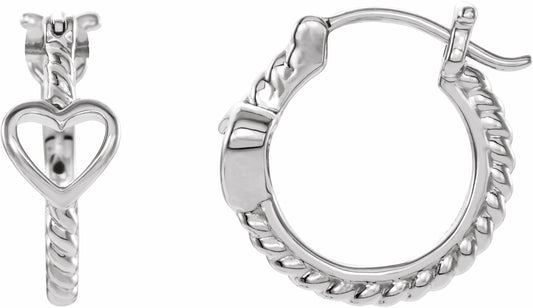 14K White Pierced Heart Rope Hoop Earrings