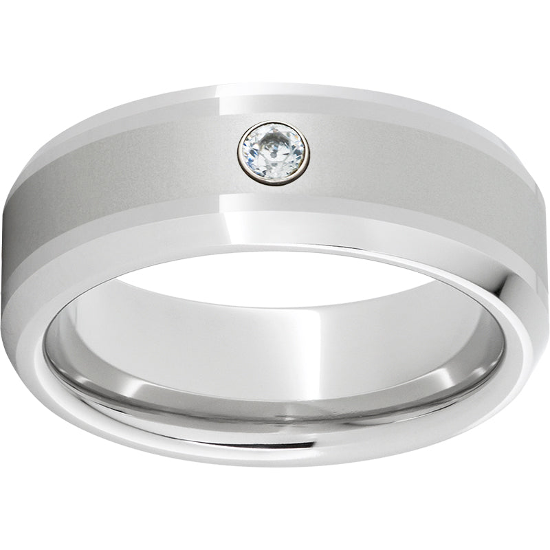 Serinium Beveled Edge Band with 4mm Laser Satin Center and 6 Point Diamond