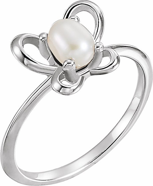14K White 4x3 mm Pearl June Youth Butterfly Birthstone Ring