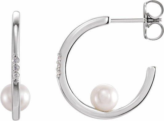 14K White Freshwater Cultured Pearl & .025 CTW Diamond Hoop Earrings