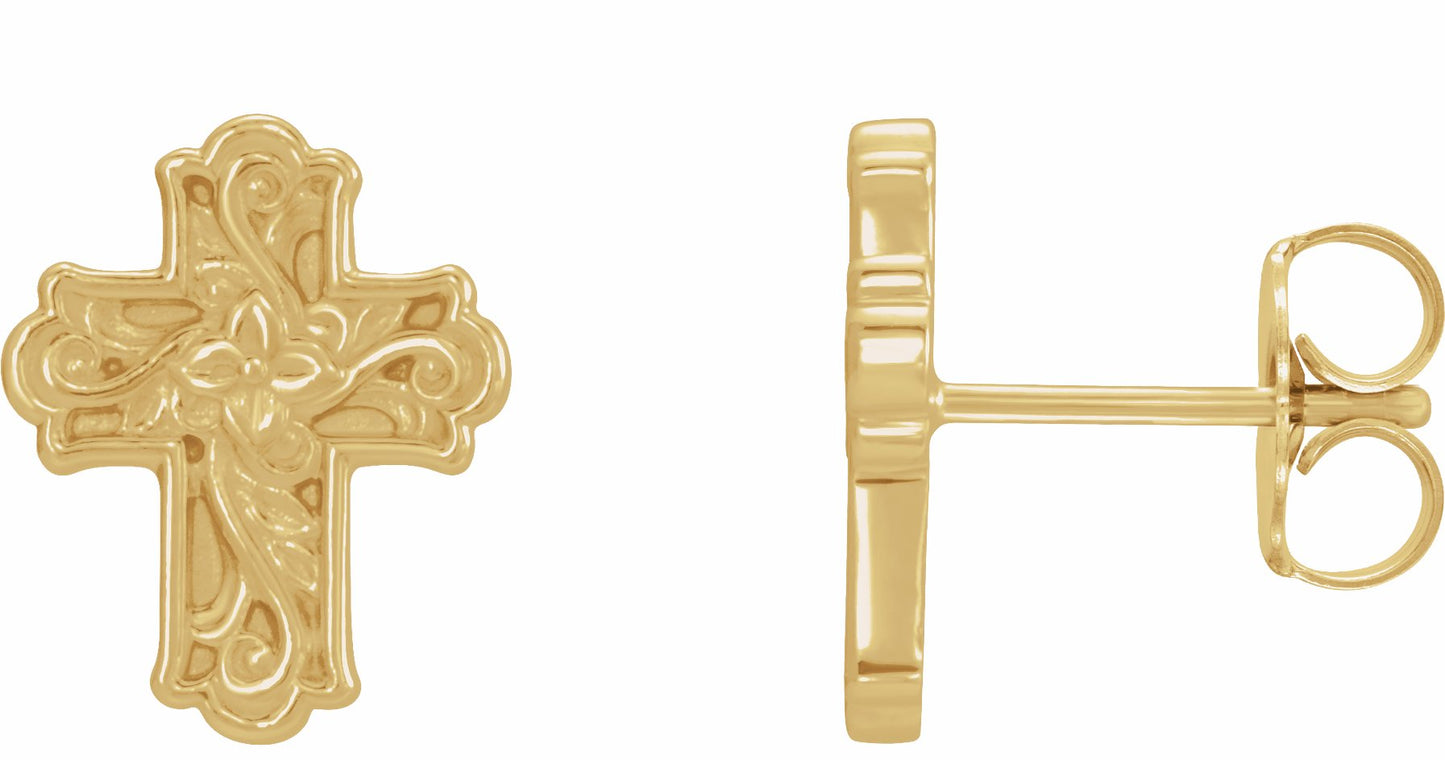 14K Yellow Floral-Inspired Cross Earrings
