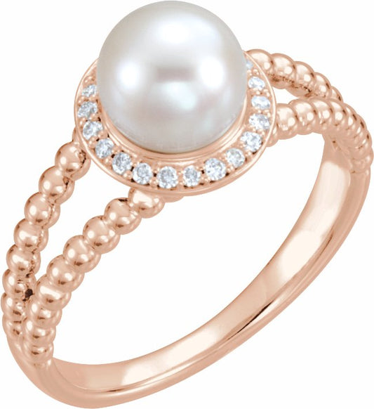 14K Rose Freshwater Cultured Pearl & .08 CTW Diamond Halo-Style Beaded Ring