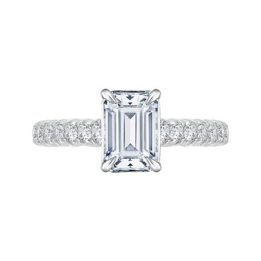 Shah Luxury 14K White Gold Emerald Cut Diamond Cathedral Style Engagement Ring with Euro Shank (Semi-Mount)