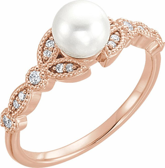 14K Rose Freshwater Pearl & 1/8 CTW Diamond Leaf Ring