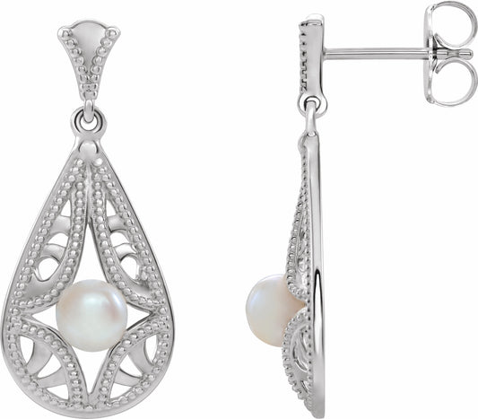14K White Freshwater Cultured Pearl Vintage-Inspired Earrings