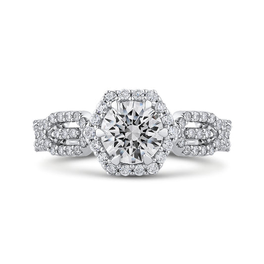 Shah Luxury 14K White Gold Round Diamond Hexagon Shape Halo Engagement Ring (Semi-Mount)