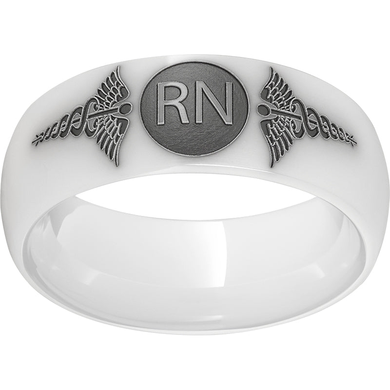 White Diamond Ceramic Domed Band with Laser Engraving of Caduceus & Registered Nurse Initials